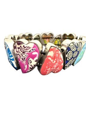 Viva Beads Bracelet Heart Link Polymer Clay Y2K Stretch Bohemian Silver Tone